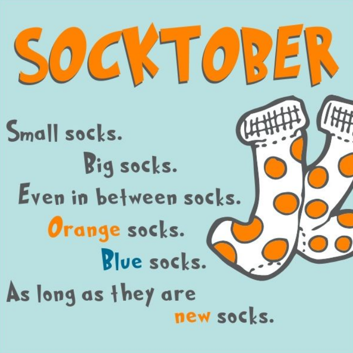 Socktober: Small socks. Big socks. Even in between socks. Orange socks. Blue socks. As long as they are new socks.
